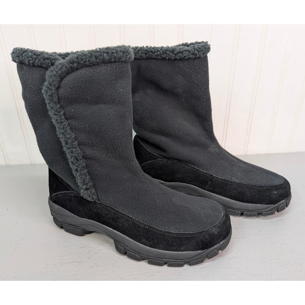 Lands End Black Suede Fleece Lined Winter Boots Women's‎ Size 8B Pull On 87862